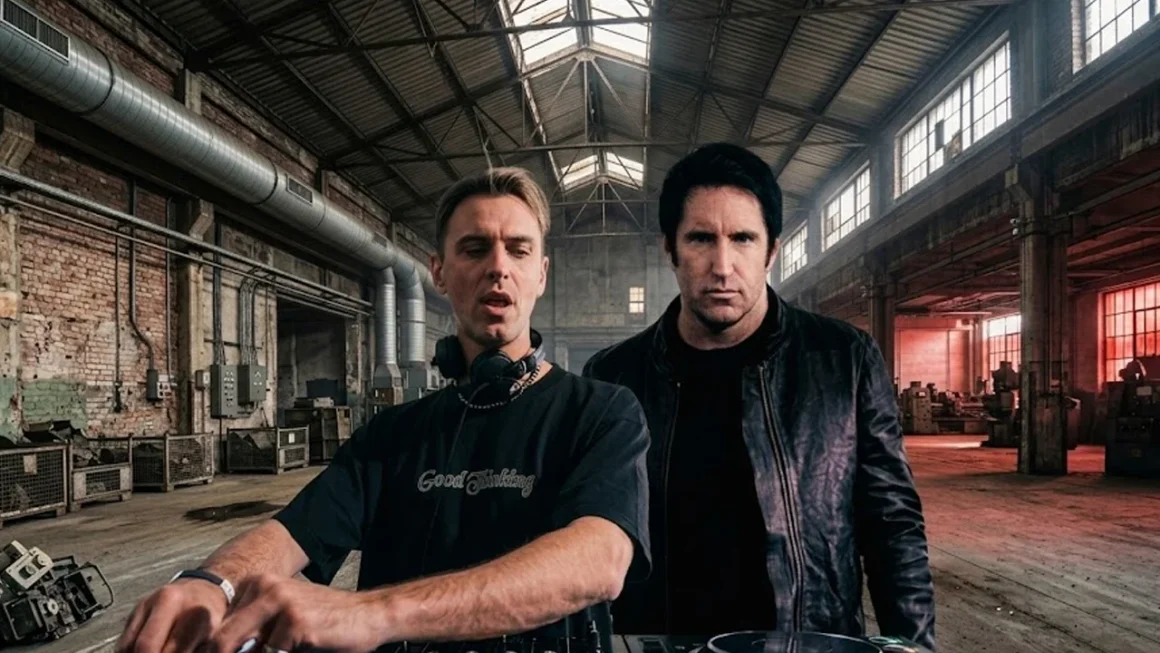 Two men standing in an industrial warehouse with DJ equipment, one adjusting controls and the other looking forward