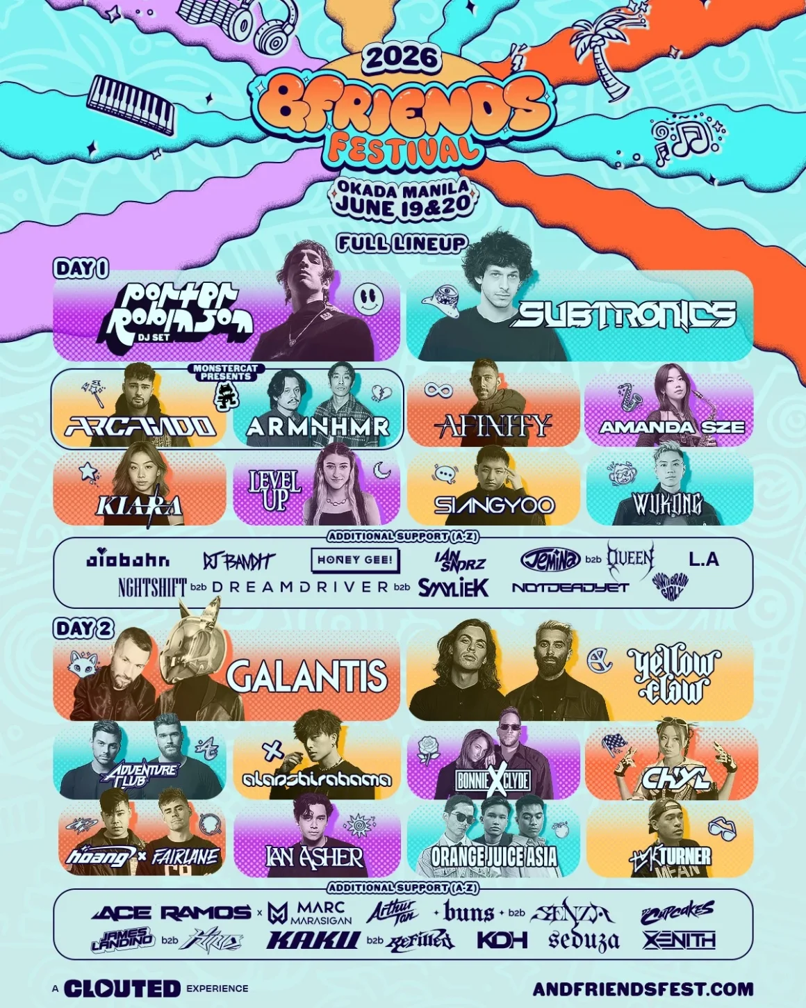 A colorful poster for the 2026 &Friends Festival at Okada Manila, featuring the full lineup of artists for Day 1 and Day 2, including Porter Robinson, Galantis, and various supporting acts, along with event details.