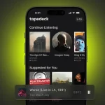 Tapeddeck music streaming application on a smartphone with album covers.