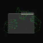 Green wireframe hands holding digital file folder. Data access.