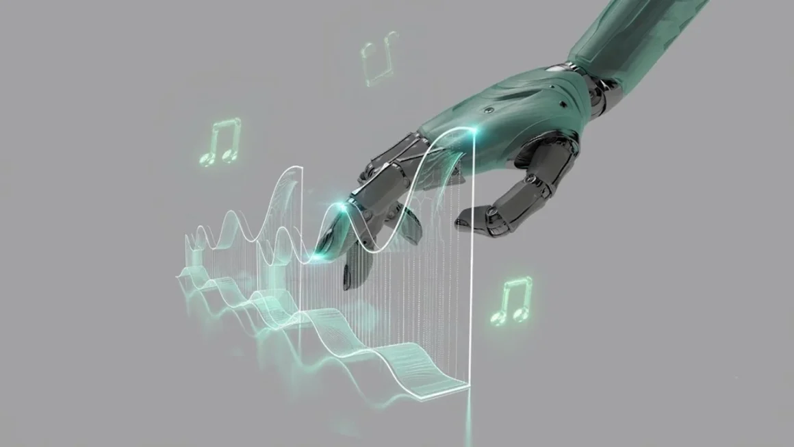Robotic hand manipulating glowing AI music waveforms and digital notes.