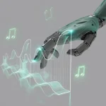 Robotic hand manipulating glowing AI music waveforms and digital notes.