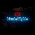 YouTube Music Nights neon sign glowing against a dark brick wall.