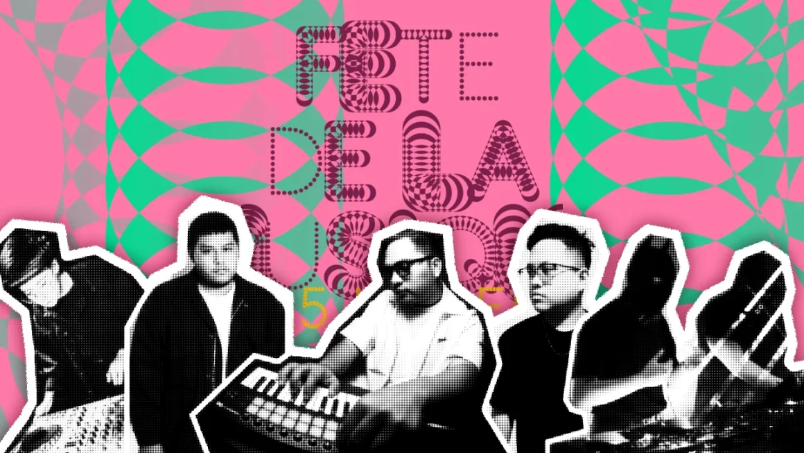 Fete de la Musique graphic: halftone musicians against vibrant geometric backdrop.