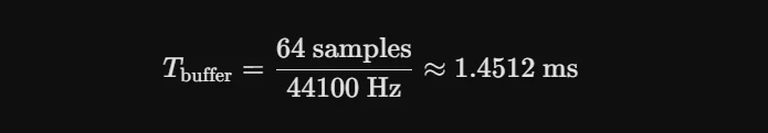 Mathematical formula calculating buffer time, showing 64 samples divided by 44100 Hz, resulting in approximately 1.4512 milliseconds, displayed on a black background.