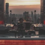 DJ performs at a stylish rooftop bar overlooking a city at sunset.