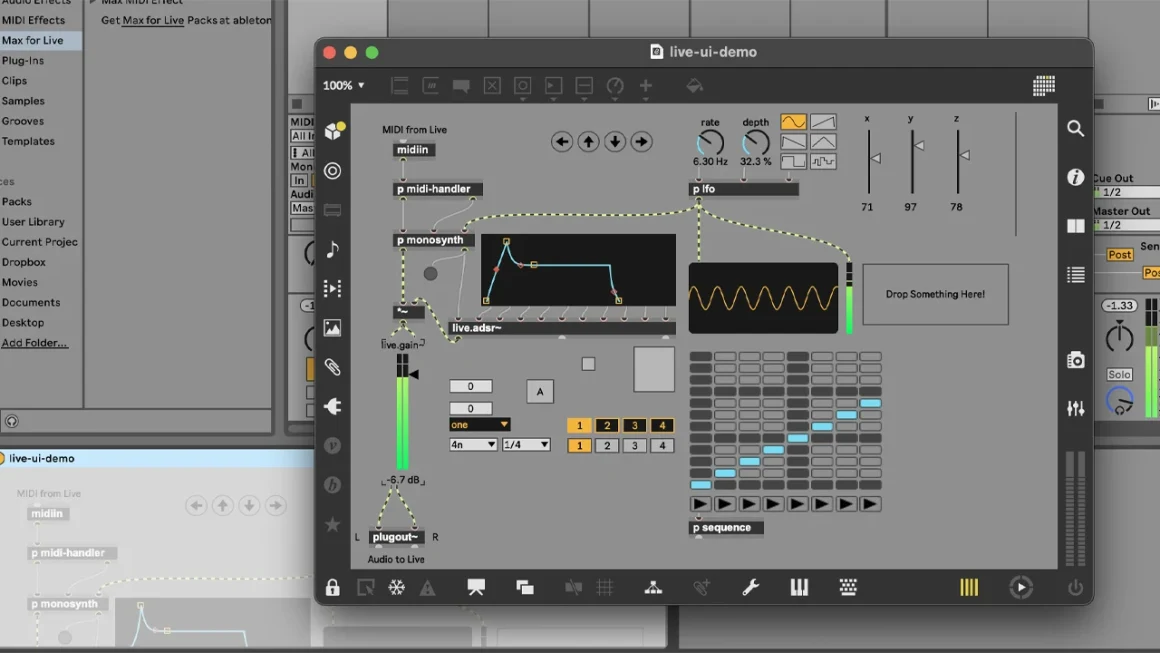 Max for Live interface in Ableton: modular synth, sequencer, and waveform view.