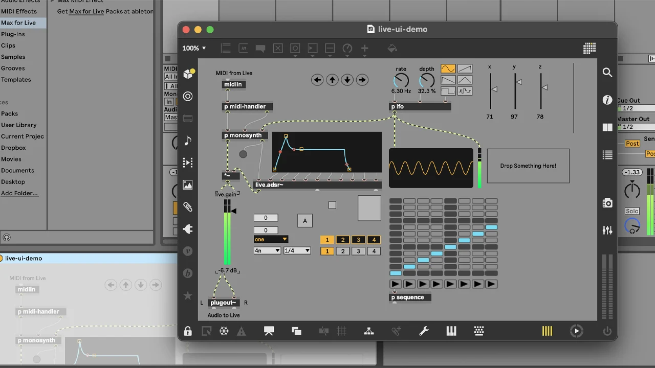 Max for Live interface in Ableton: modular synth, sequencer, and waveform view.