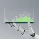 AI robot hand holds phone, displaying holographic business data growth.