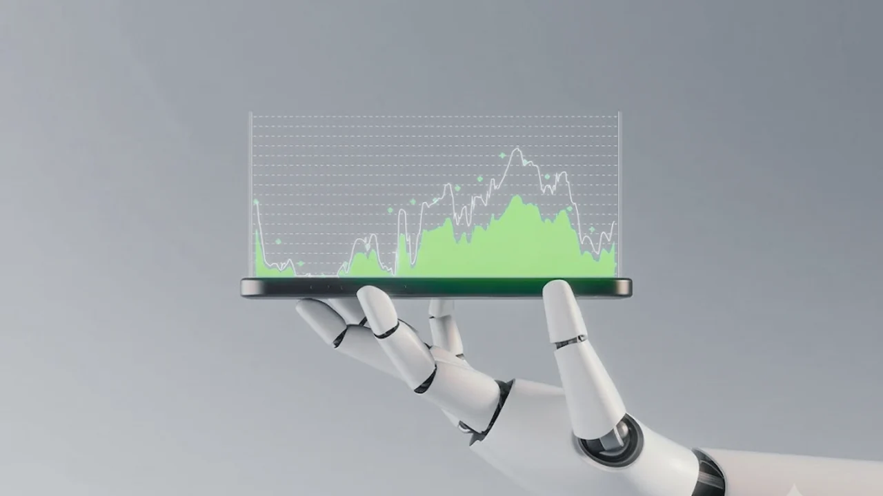 AI robot hand holds phone, displaying holographic business data growth.