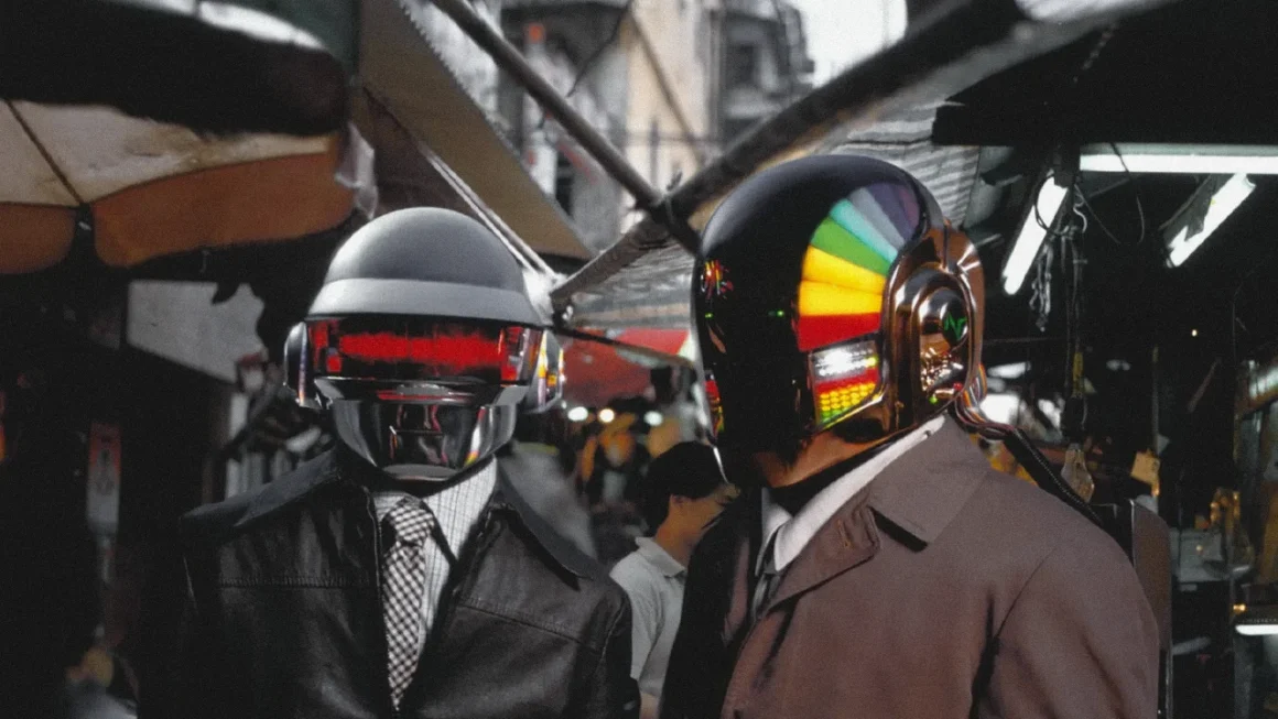 Daft Punk robots in iconic helmets at a vibrant street market.