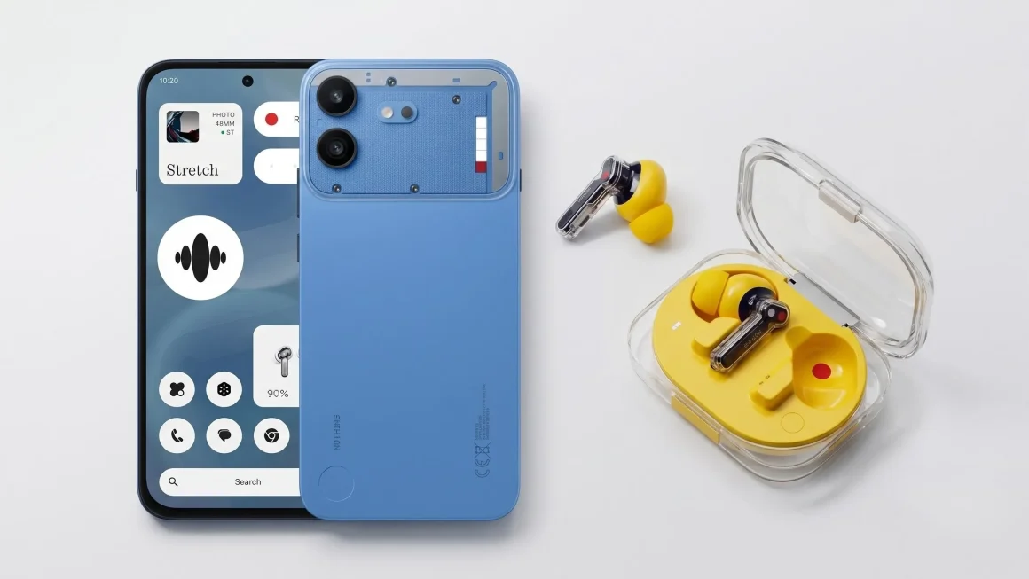 Blue Nothing phone, transparent design, and yellow wireless earbuds.