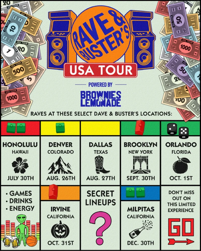 Rave & Buster's USA Tour dates & locations, powered by Brownies & Lemonade.