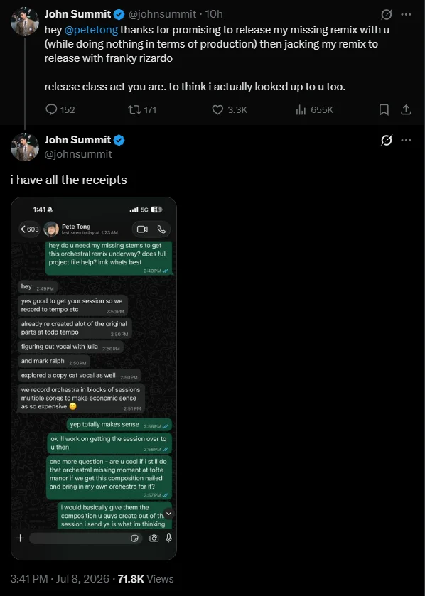 John Summit tweets accusing Pete Tong of remix theft, shows text receipts.