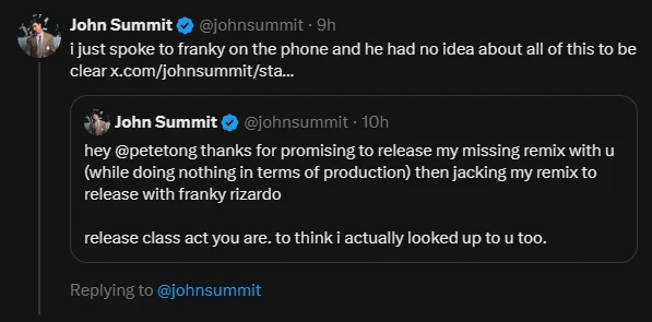 John Summit tweets about remix controversy with Petetong and Franky Rizardo.